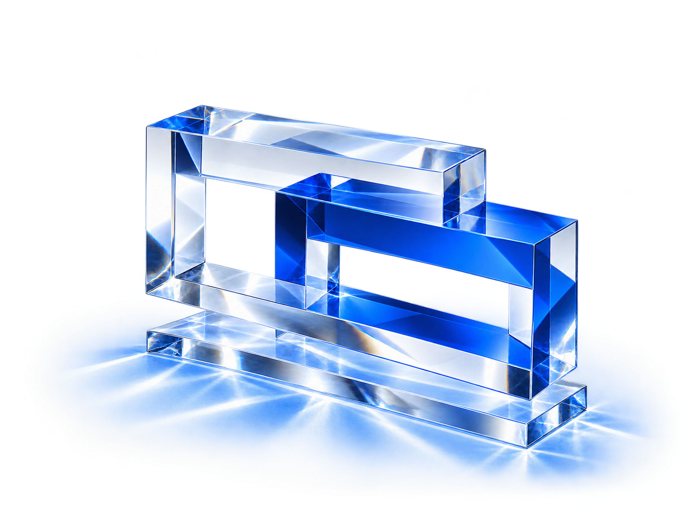 Grafik 05: ineinandergreifende Glasrahmen in Blau und Klarglas.